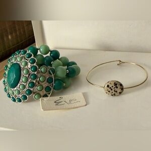 Two bracelets 3-strand statement bracelet w/jeweled focal point & wire w/Jasper